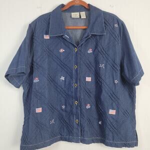 Vintage denim short sleeve embroidered button-down top sz 20W blue patriotic 90s
